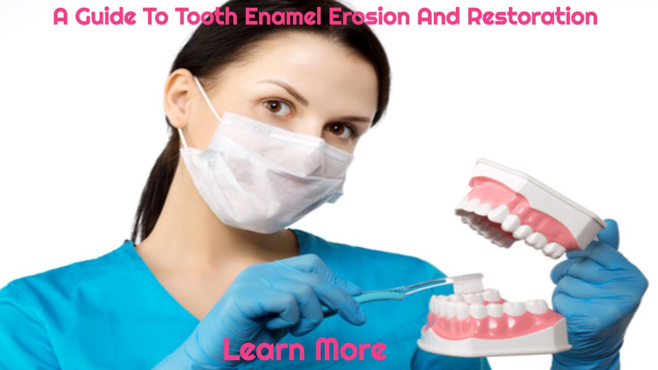 female dentist demonstrating proper brushing to prevent tooth enamel erosion on mouth model