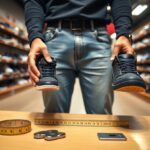 A person in jeans holds a pair of black sneakers in a shoe store. On the table, tools like a measuring tape and shoe size gauge are ready to ensure a perfect fit. Shelves filled with various shoes are visible in the background, ready to accommodate even those with uneven foot sizes.