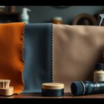 A collection of leather cleaning supplies is neatly arranged on a table. Featuring orange, gray, and beige leather swatches ideal for roughout leather, there's also a brush, two small containers of polish, care tips in a spray bottle, and a bottle labeled 'Raibcut Leather.