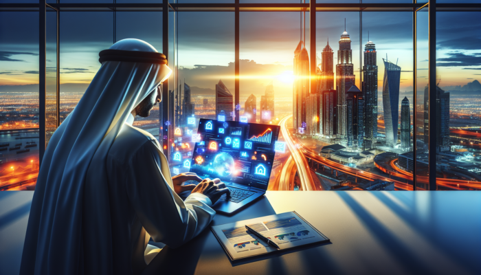 Individual working on a laptop with Google's Keyword Planner, researching local SEO keywords, with a city skyline in the background.
