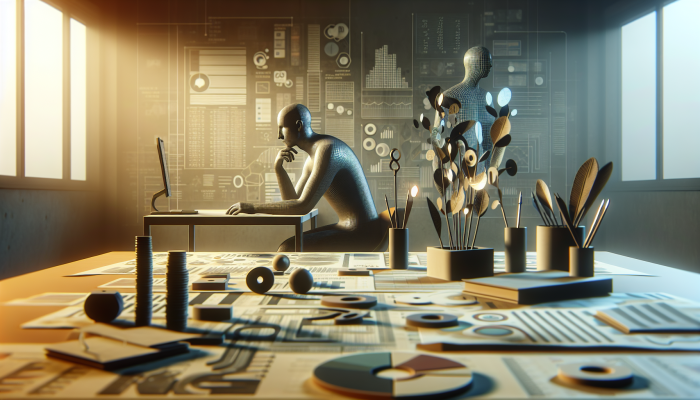 A person at a desk reviewing financial documents and charts, contemplating their situation in a warm office.