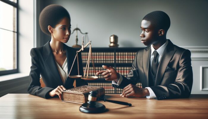 Individual consulting lawyer in an office, pointing at legal documents, with justice scales and law books visible.