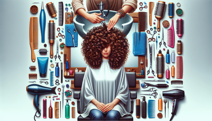 A curly-haired client receiving a customized haircut and styling in a vibrant salon with specialized tools.