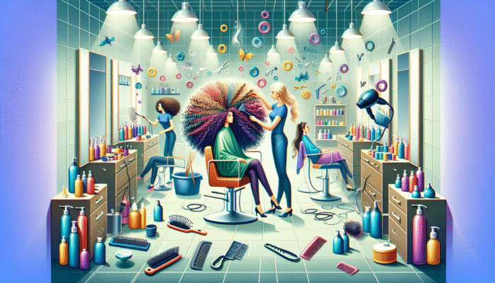 A salon scene with clients receiving deep conditioning and keratin treatments for curly hair, showcasing revitalized, shiny curls.