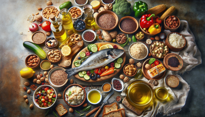A colorful Mediterranean feast showcasing olive oil, nuts, fatty fish, whole grains, fruits, vegetables, and lean proteins on a rustic table.