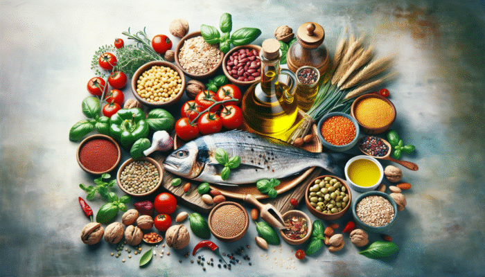 Olive oil, tomatoes, grains, legumes, nuts, fish, and herbs on a Mediterranean table, symbolizing health and flavor.