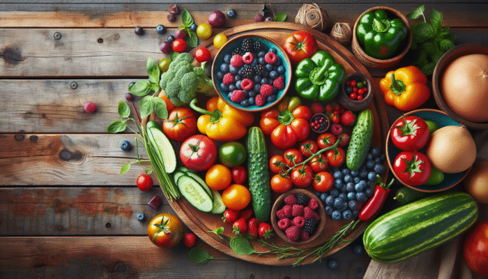 Fresh tomatoes, crisp cucumbers, vibrant bell peppers, and seasonal berries displayed on a rustic wooden table.
