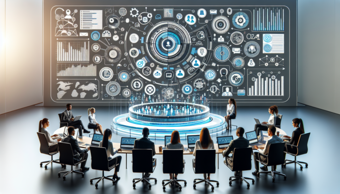 A digital hub showing real-time business data, accessible by marketers and customer service teams in an office.