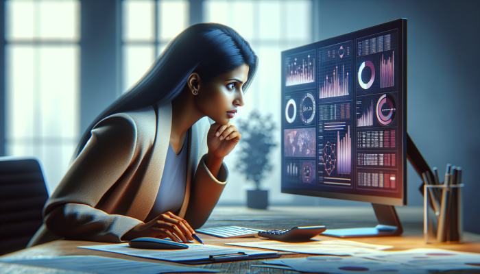 An individual analyzing their financial report and credit score on a computer, surrounded by various documents in an office setting.