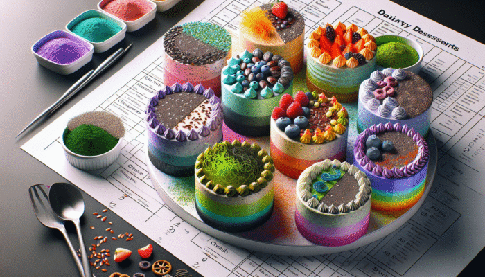 Vibrant dairy-free desserts featuring chia seeds, flaxseeds, and spirulina, showcasing their textures and health benefits.