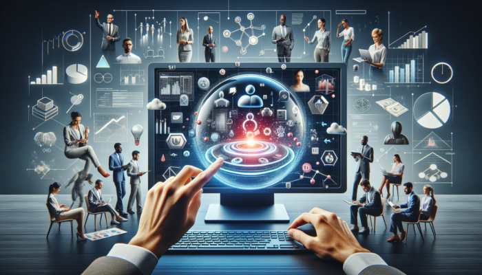 Digital workspace with Google My Business on screen, experts collaborating on strategies to boost online visibility.