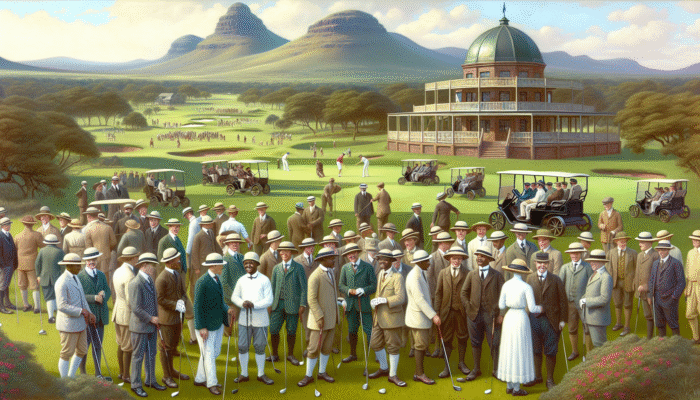Historic 1907 Krugersdorp Golf Club, lush greenery, diverse early 20th-century golfers symbolizing cultural unity.