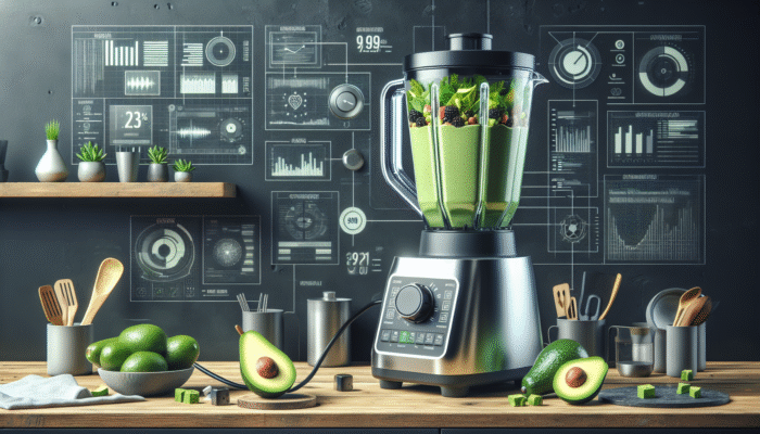 State-of-the-art blender featuring a powerful 1000-watt motor, expertly blending vibrant green smoothies and creamy avocado dips to achieve a silky-smooth consistency.