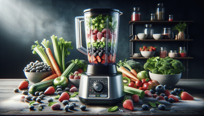 High-quality blender efficiently processing whole foods, promoting wholesome nutrition with a vibrant array of colourful ingredients.