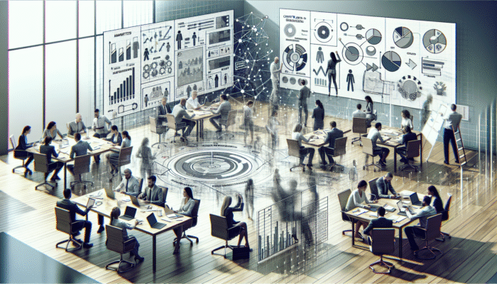 Leading Content Marketing Agencies: Marketers in an office analysing data, strategising on whiteboards, with charts and graphs around.