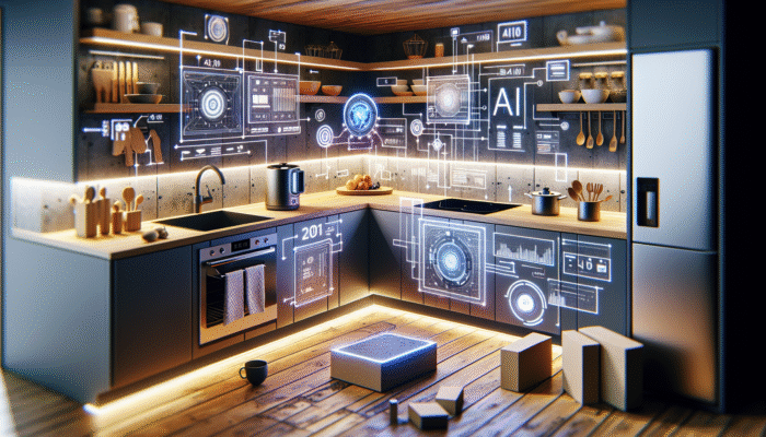 A modern kitchen with AI devices being unboxed and set up, enhancing the cooking experience.