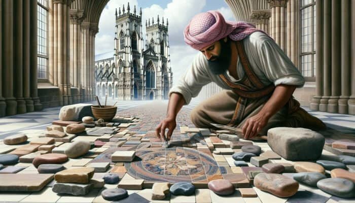 A skilled UK stonemason meticulously crafting intricate stone tiles using local stones from the Scottish Borders, showcasing a variety of vibrant colors and textures against the historic backdrop of York Minster, blending traditional methods with modern curved tiling techniques.