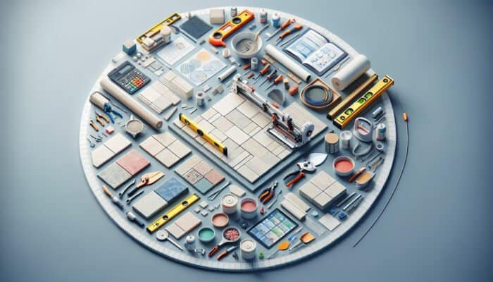 A well-organized workspace showcasing essential tools for tiling including ceramic tiles, a tile cutter, grout, trowel, and a level.