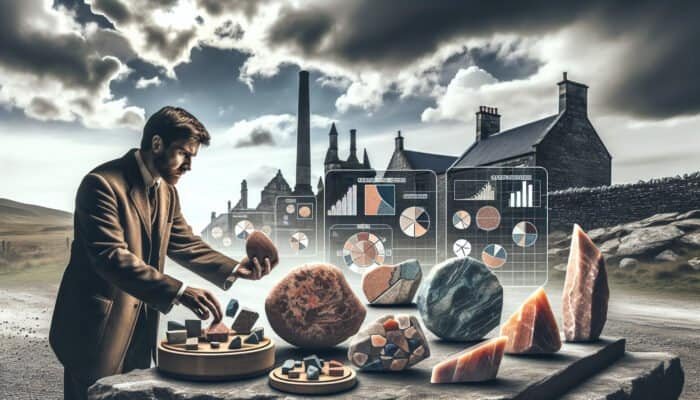 A knowledgeable stonemason carefully examining local stones at a Scottish quarry, with traditional architecture in the background.