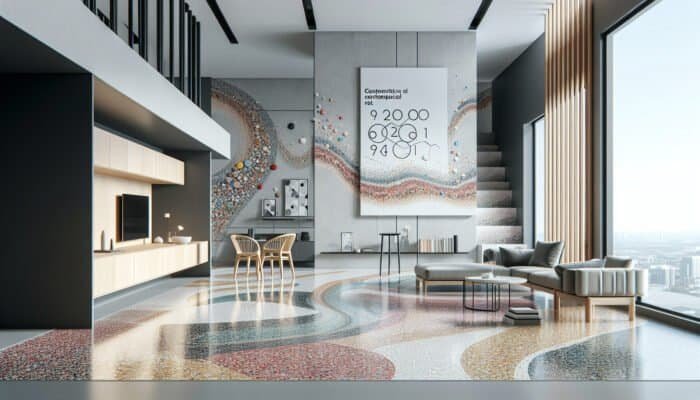 Thorough Guide to Terrazzo Floor Restoration in West Lothian Homes: Displaying vibrant, swirling terrazzo flooring in a sleek, modern apartment.
