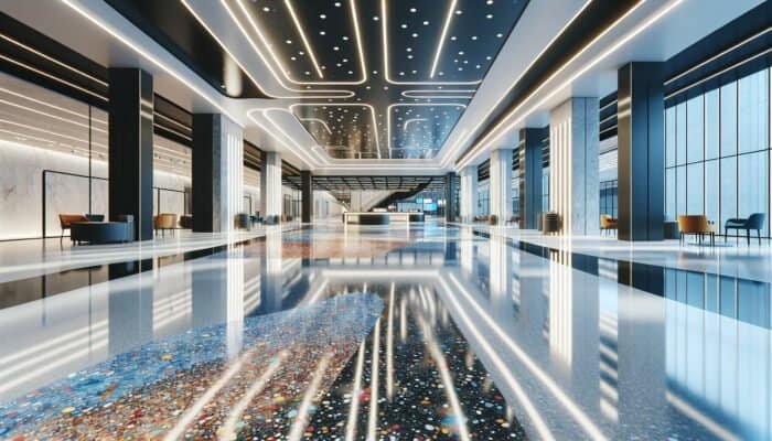 Vibrant epoxy terrazzo flooring in a modern commercial space, showcasing light reflection and durability.