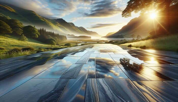 A stunning Inverclyde landscape showcasing a beautifully waterproofed stone floor that mirrors its vibrant surroundings, exemplifying durability and protection.