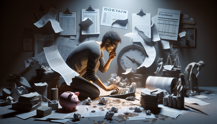 Individual in a dimly lit room, surrounded by financial documents, anxiously calculating extended debt repayment on a calculator, with a calendar displaying prolonged dates.