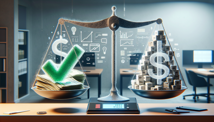 A scale balancing bills against a paycheck, with a green checkmark over the lower debt side, within a financial office.