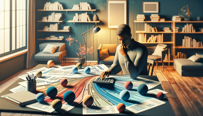 Individual calculating debt-to-income ratio in a comfortable home office, surrounded by financial documents and graphs.