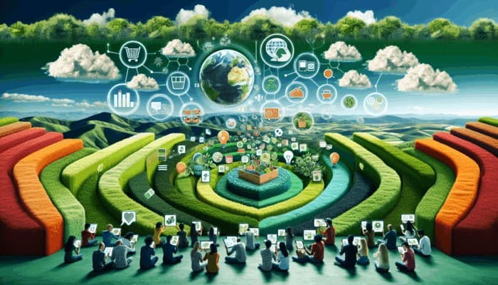 Infographic illustrating sustainable living trends, zero-waste tips, and eco-friendly product reviews, showcasing diverse consumers engaging with digital devices.