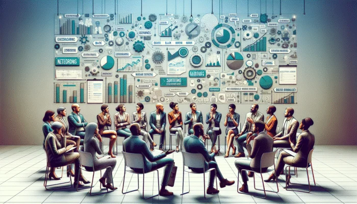 A vibrant networking event showcasing diverse professionals forming authentic connections in a modern conference space.
