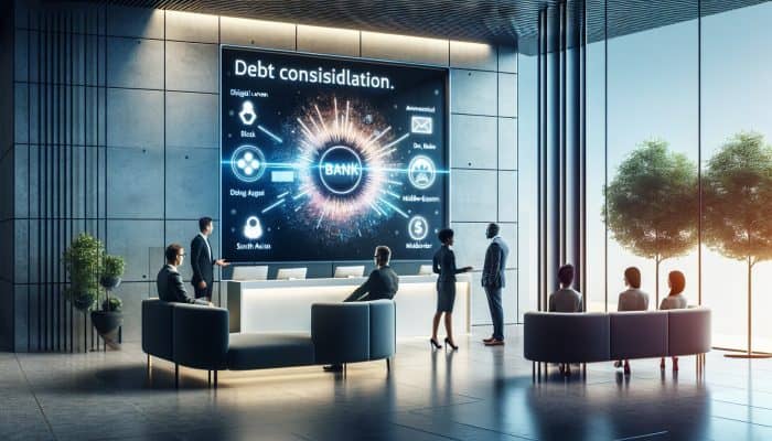 Top debt consolidation loan providers in 2025: A Comprehensive Guide | DCL Modern bank lobby showcasing Barclays' debt consolidation loans, consultant assisting diverse clients.
