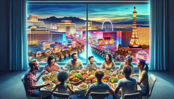 Family gathering around a meal in Las Vegas, with city attractions enhancing their adventure.
