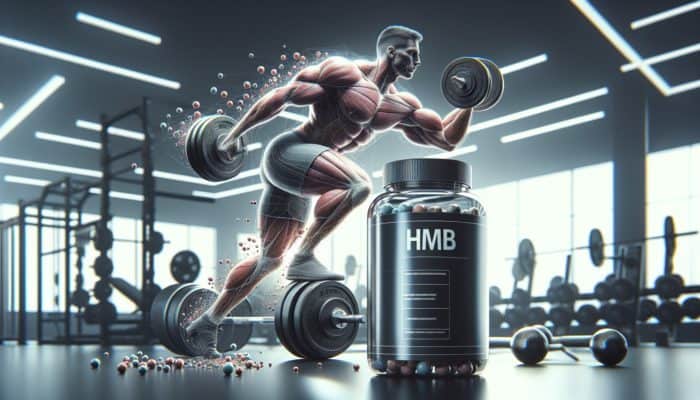 A muscular bodybuilder lifting weights in a gym, showcasing increased lean muscle and minimal fat with HMB supplement nearby.