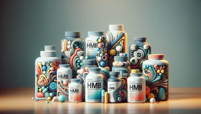 Bottles of different HMB supplements on a table, labelled with types such as calcium HMB and free acid HMB.