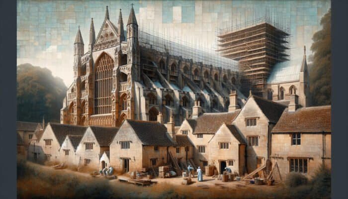 A close-up view of Westminster Abbey and Cotswold cottages, highlighting the textured limestone facades and skilled restorers in action.