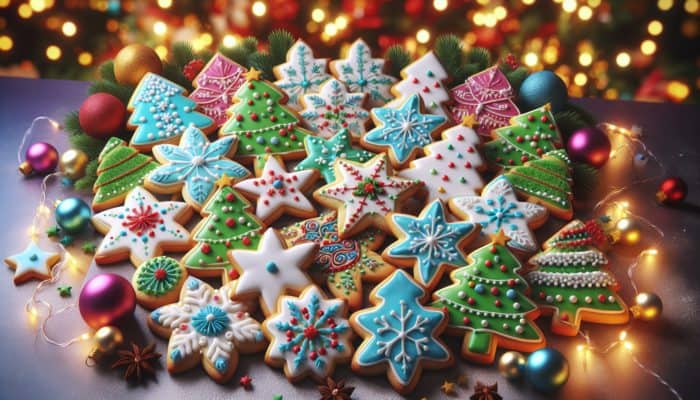 Vibrantly decorated sugar cookies shaped like stars, trees, and snowflakes, adorned with colorful royal icing on a holiday-themed table.