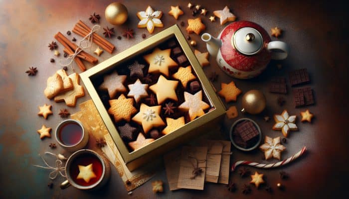 A beautifully arranged box of golden shortbread stars, some adorned with chocolate, accompanied by a teapot and coffee, creating a warm and festive atmosphere.