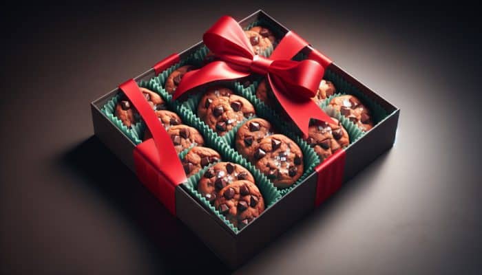 A beautifully arranged box of double chocolate chip cookies featuring gooey centers, crispy edges, and sprinkled with sea salt, elegantly tied with a red bow.