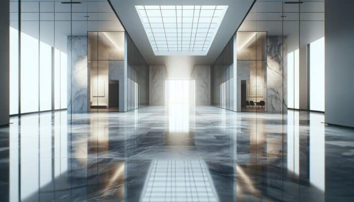 A polished marble floor reflecting light, elevating room elegance and spaciousness.