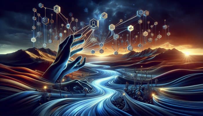 Visual representation of link equity, illustrated by hands reaching for glowing streams of light in a digital environment.