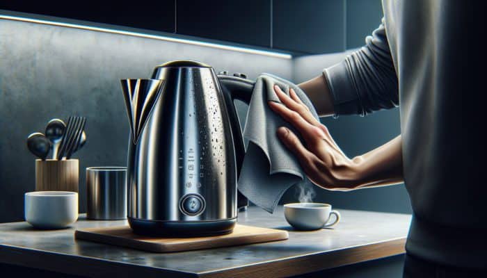 Maintaining Your Electric Kettle: Sleek electric kettle on countertop, being wiped with damp cloth to remove dust and fingerprints.