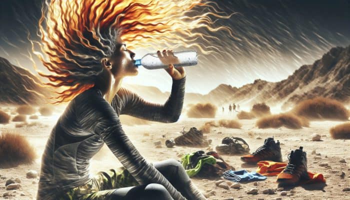 Individual hydrating in a warm environment while surrounded by workout gear and showcasing vibrant hair.