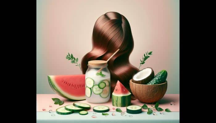 A vibrant arrangement of watermelon, cucumber, and coconut water surrounding healthy hair on a soft background.