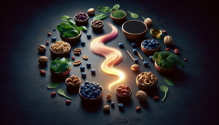 A collection of blueberries, nuts, and leafy greens like spinach and kale surrounding a glowing hair strand, symbolizing hair vitality.