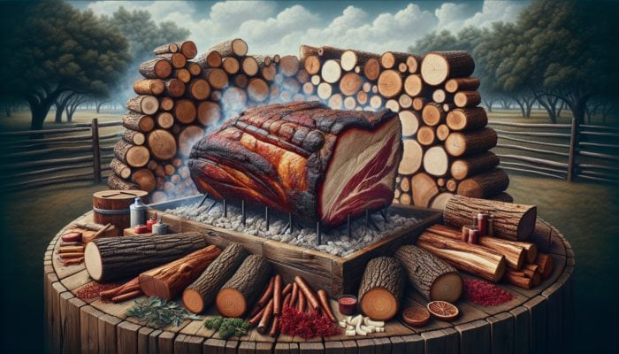 Various oak logs (white, red, live) surrounding a smoking brisket in a rustic pit, with a clear sky.