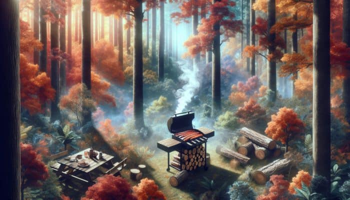 A Southeast US forest with vibrant autumn hickory trees and a rustic barbecue utilizing hickory logs.