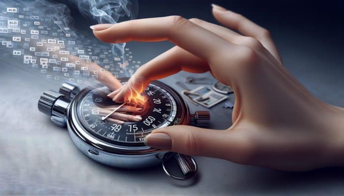 A hand adjusting digital timer settings, stopwatch at 10 minutes, grilling scene with smoke and meat.