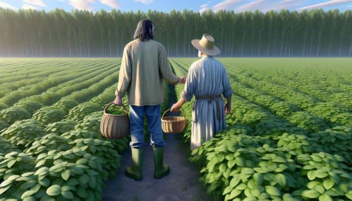 Individual seeking foraging permission from a farmer on flourishing private land, equipped with baskets and guides under a clear sky.