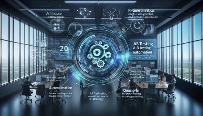 An AI-driven marketing hub showcasing real-time analytics, optimising ads and automating tests in a modern office setting.